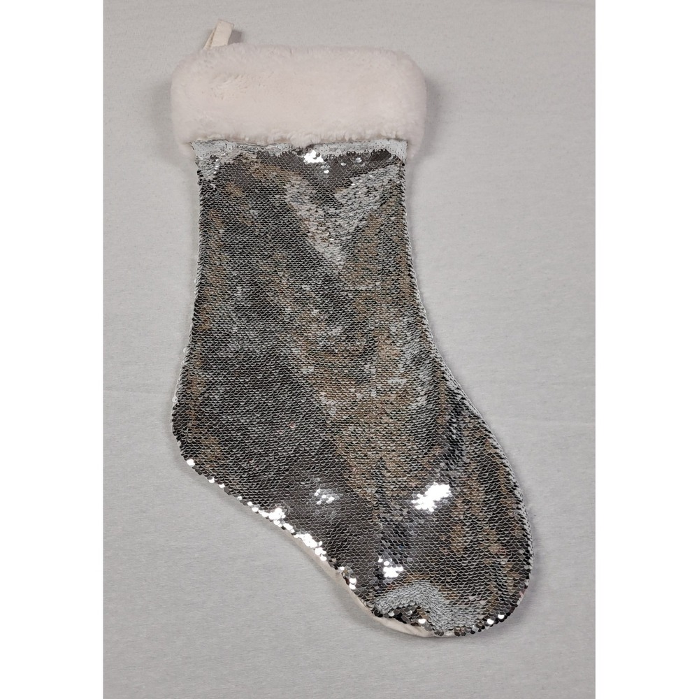 Northlight 19" White and Silver Sequin Christmas Stocking W/ White Faux Fur Cuf